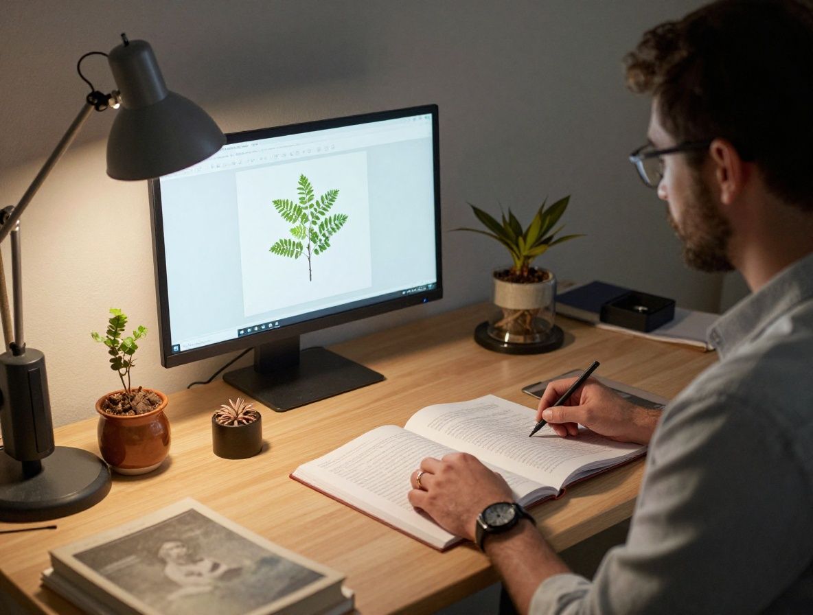 Vista de escritorio de investigador con libros científicos abiertos, lupas y muestras de plantas secas bajo luz de lámpara de escritorio incandescente cálida