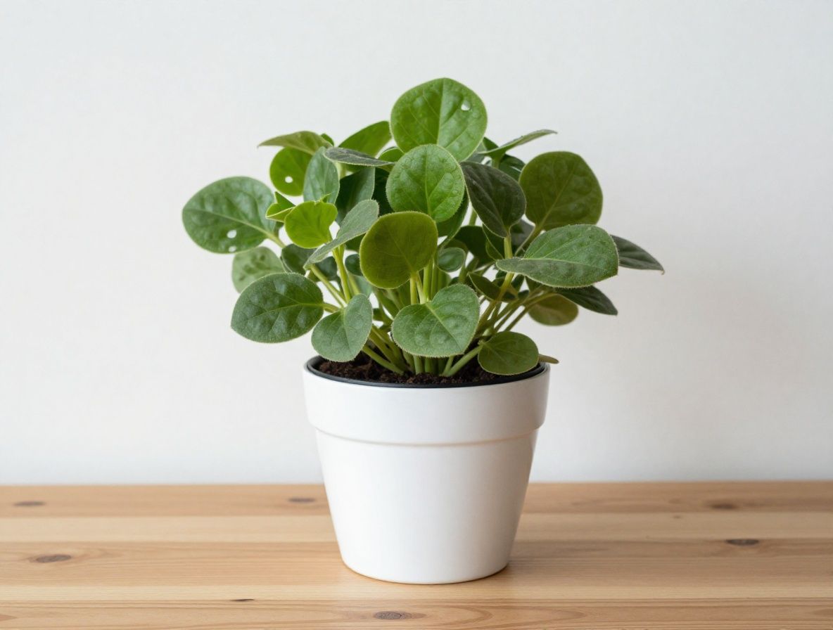 Planta de Bacopa monnieri en maceta de barro sobre mesa de madera con luz de ventana suave y fondo neutro blanco
