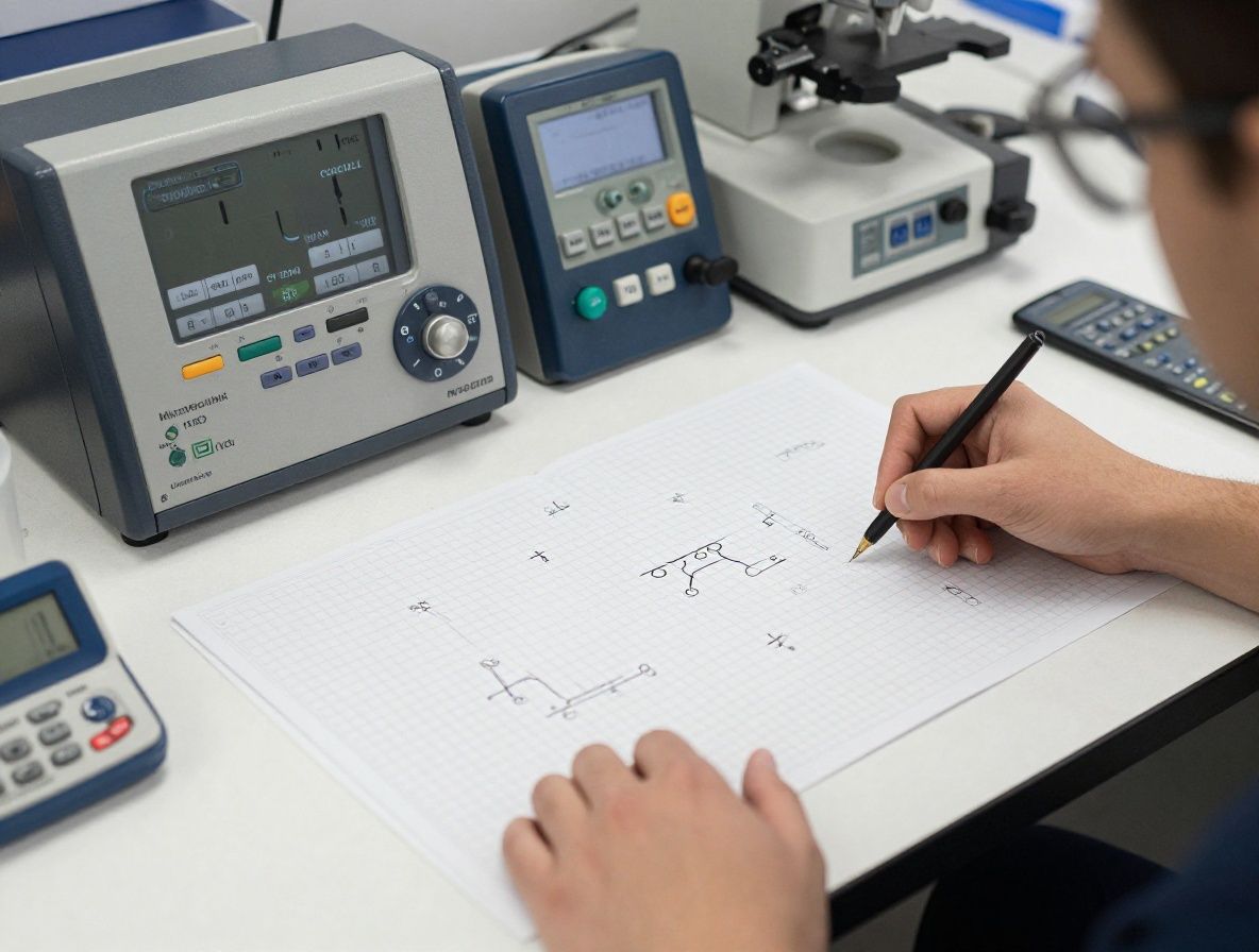 Fórmulas moleculares representadas en papel cuadriculado de laboratorio junto a instrumentos de medición de precisión