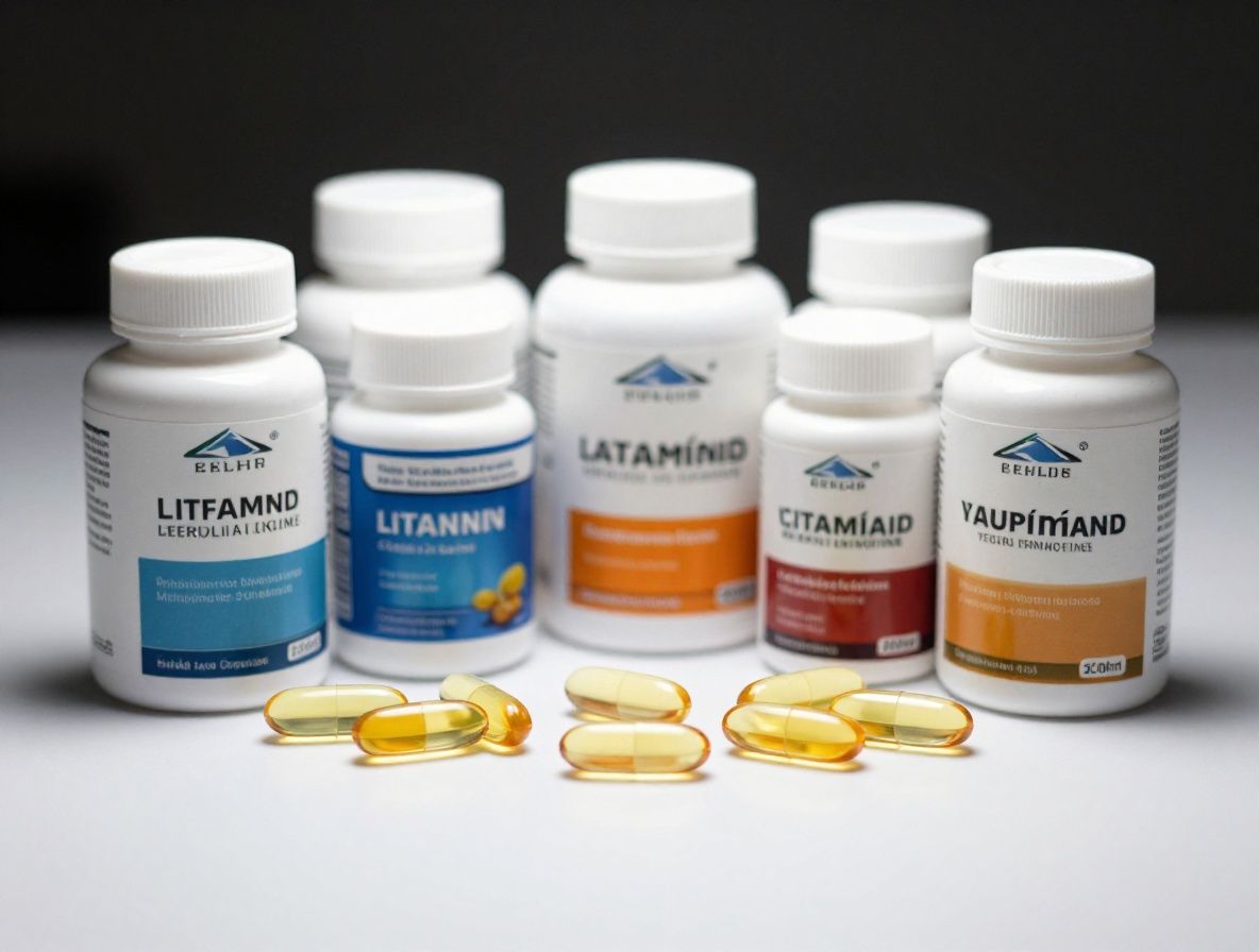 Variedad de cápsulas translúcidas de suplementos vitamínicos dispuestas ordenadamente sobre superficie blanca brillante con iluminación de laboratorio